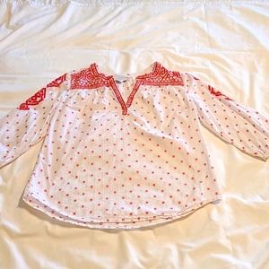 White & Red Cotton Peasant Blouse Small